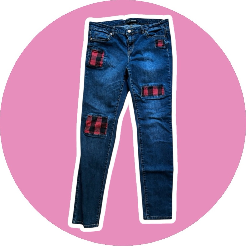 Joe Fresh // Ultra Slim Low Rise Jeans // Red Plaid Patches
